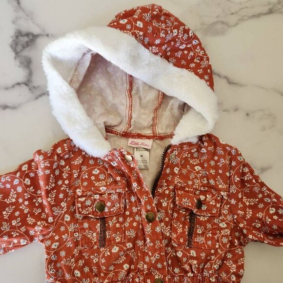Little Lass girls 6x autumn floral burnt orange button up faux fur hooded jacket - Picture 6 of 7